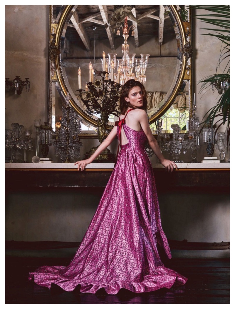 Actress Rose Leslie poses in pink Erdem gown