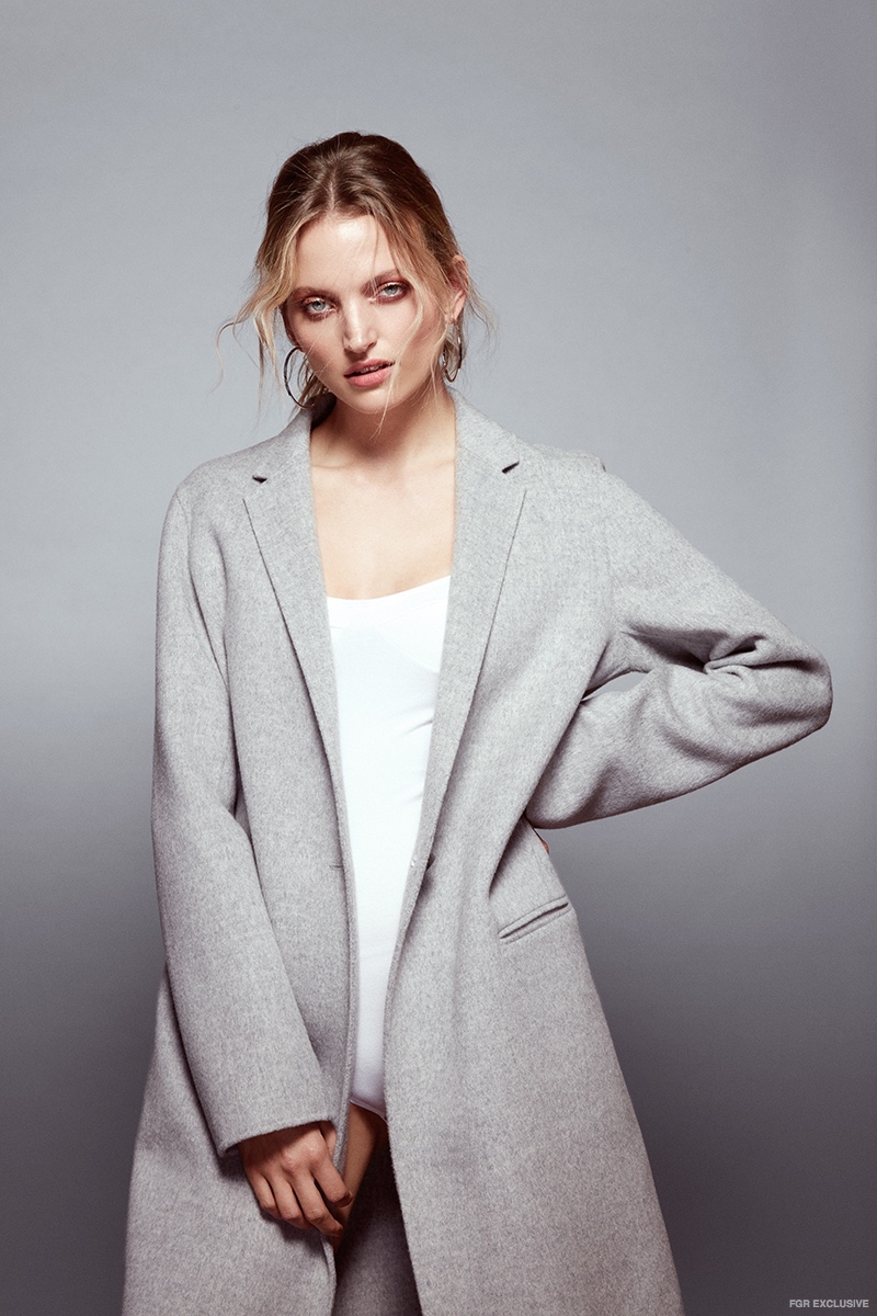 Theory Grey Coat, Baserange White Bodysuit and Cloverpost Silver Hoop Earrings