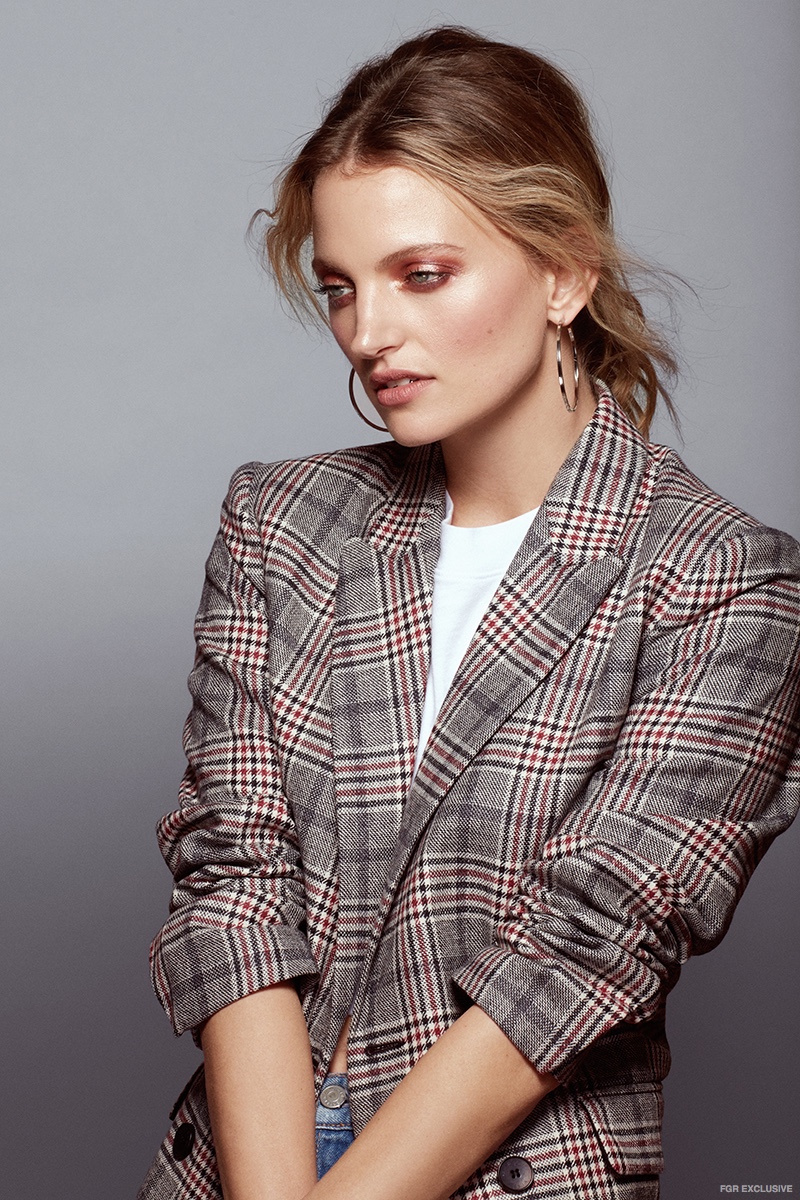 Sandro Plaid Blazer, Cotton Citizen Crop Tee and Cloverpost Silver Hoop Earrings