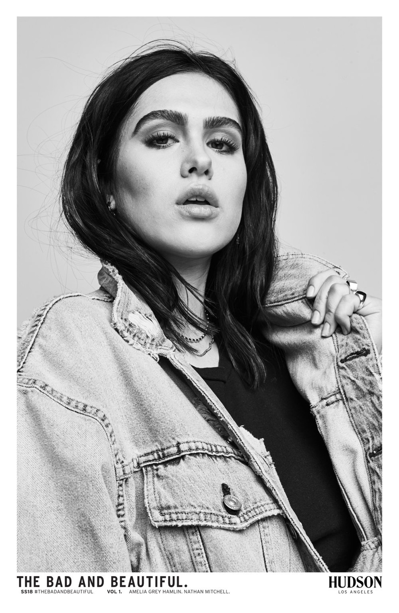 Photographed in black and white, Amelia Gray Hamlin appears in Hudson Jeans' spring-summer 2018 campaign