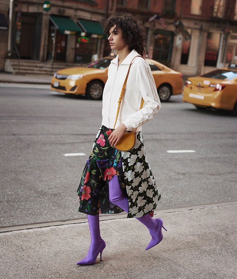Area Deja Crystal-Embellished Track Jacket, Barneys New York Floral Silk Midi-Skirt, Balenciaga Knife Tech-Jersey Over-the-Knee Boots and Paco Rabanne Half Moon Mini-Crossbody Bag