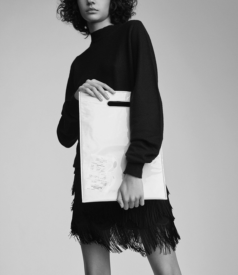 Rick Owens Cashmere Bouclé Sweater, Marc Jacobs Fringe Skirt and MM6 Maison Margiela Receipt Tote Bag