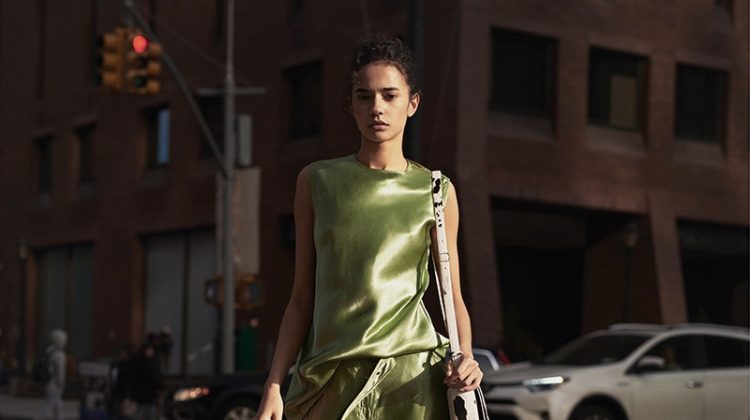 Sies Marjan Rayna Charmeuse Belted A-Line Skirt and Sia Charmeuse Tunic Top; Barneys New York Lula Leather Ankle Boots and Calvin Klein Cow Hair Saddle Bag