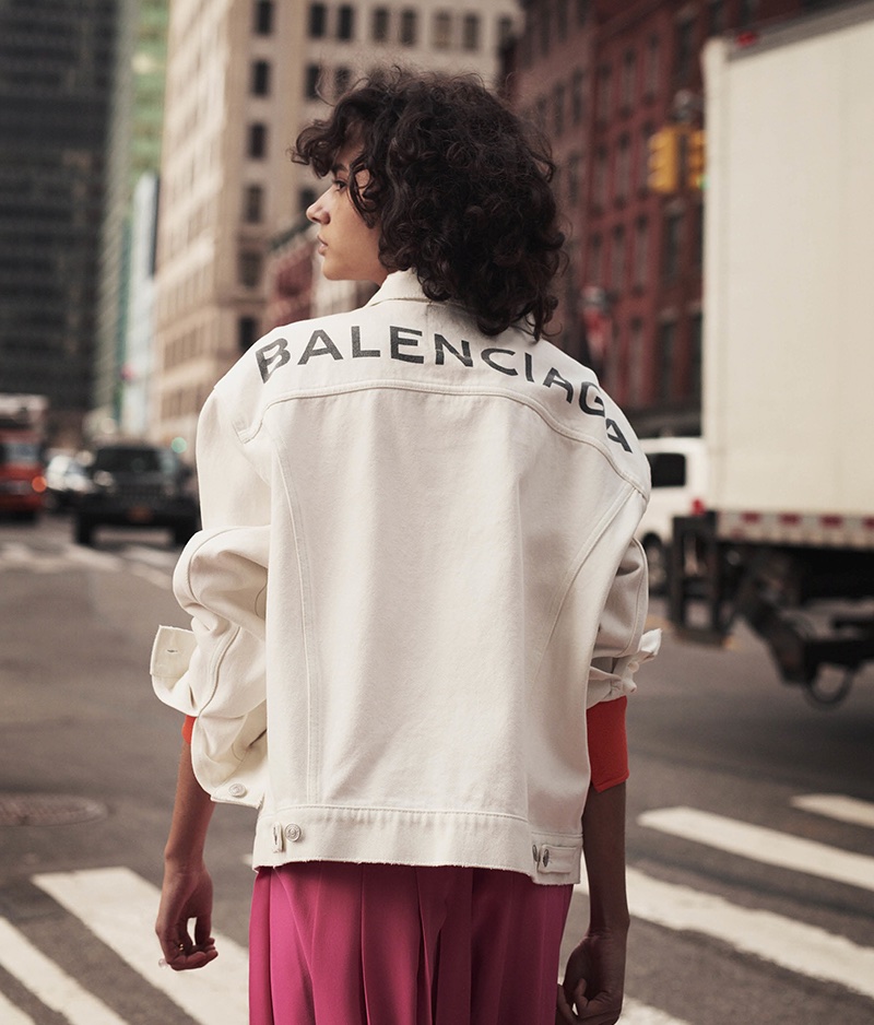 Balenciaga Logo Cotton Denim Jacket and Fendi Logo-Detail Pleated Silk Crepe de Chine Skirt