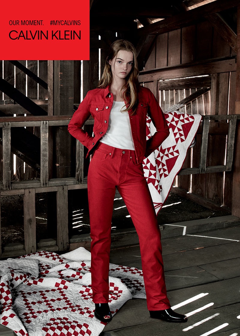 Lulu Tenney wears red denim in Calvin Klein Jeans spring-summer 2018 campaign