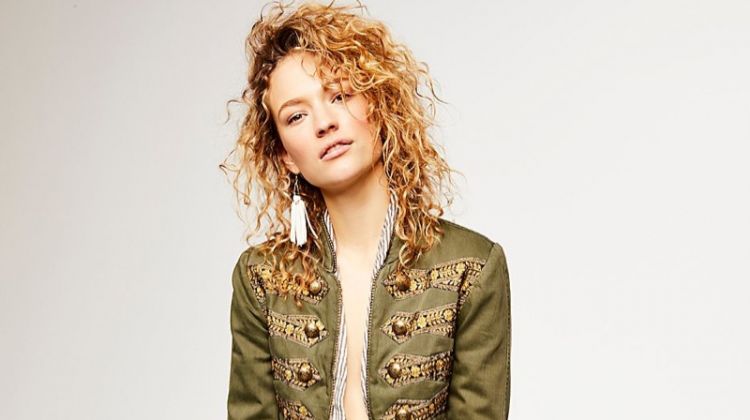 Free People Twill Band Jacket, Meridien Silk Pant and Raven & Riley Tahiti Stone Drop Leather Hoops