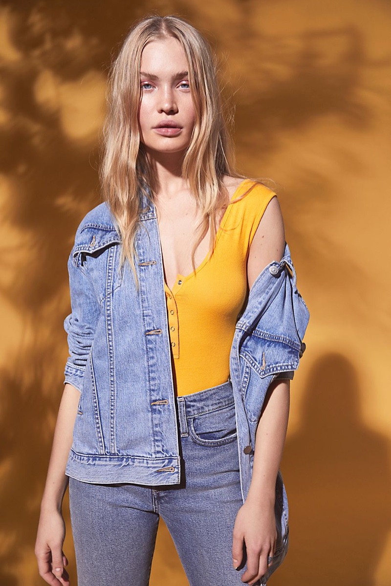 Intimately Free People Take Me Out Tank Bodysuit and Levi's Baggy Denim Trucker Jacket