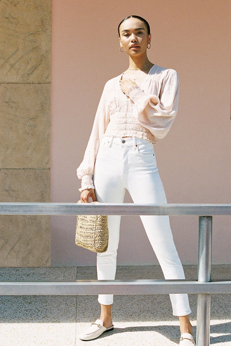 Free People Smocked in Love Blouse, Levi's Wedgie Icon High Rise Jean and Dreamland Straw Clutch