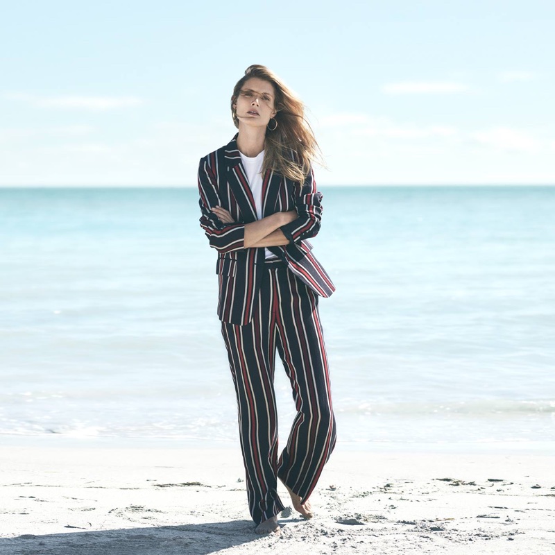 H&M Striped Jacket, T-Shirt, Wide-Leg Pants and Hoop Earrings