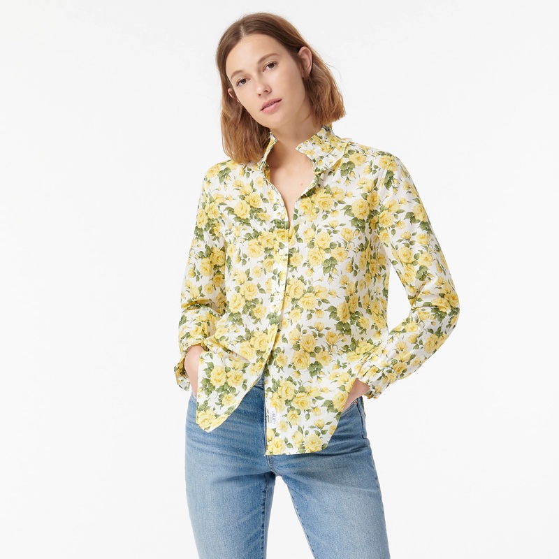 J. Crew Classic Fit Ruffleneck Shirt in Liberty Carline Rose $118 