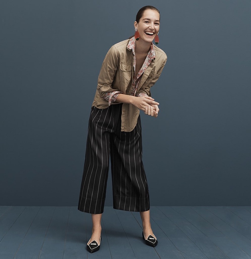 J. Crew Fatigue Oversized Boy Shirt, Classic Popover in Liberty Swirling Petals, Lucite Statement Earrings, Cropped Silk Pull-On Pant in Pinstripe and Two-Tone Pointed Toe Loafers