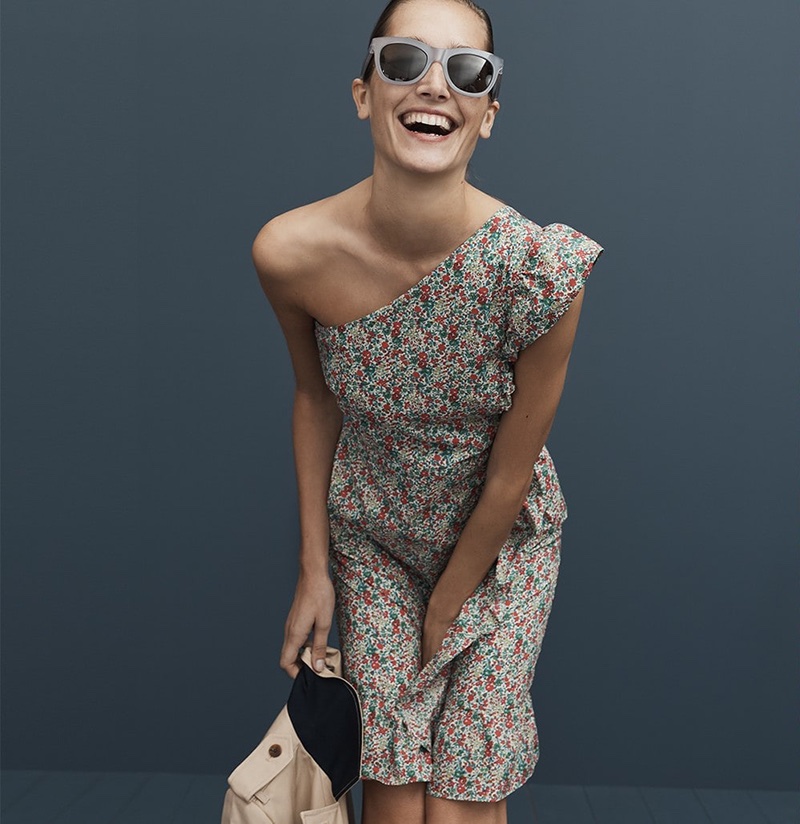 J. Crew Asymmetrical Ruffle Dress in Liberty Emma & Georgina Floral, Betty Sunglasses and The New Icon Trench Coat