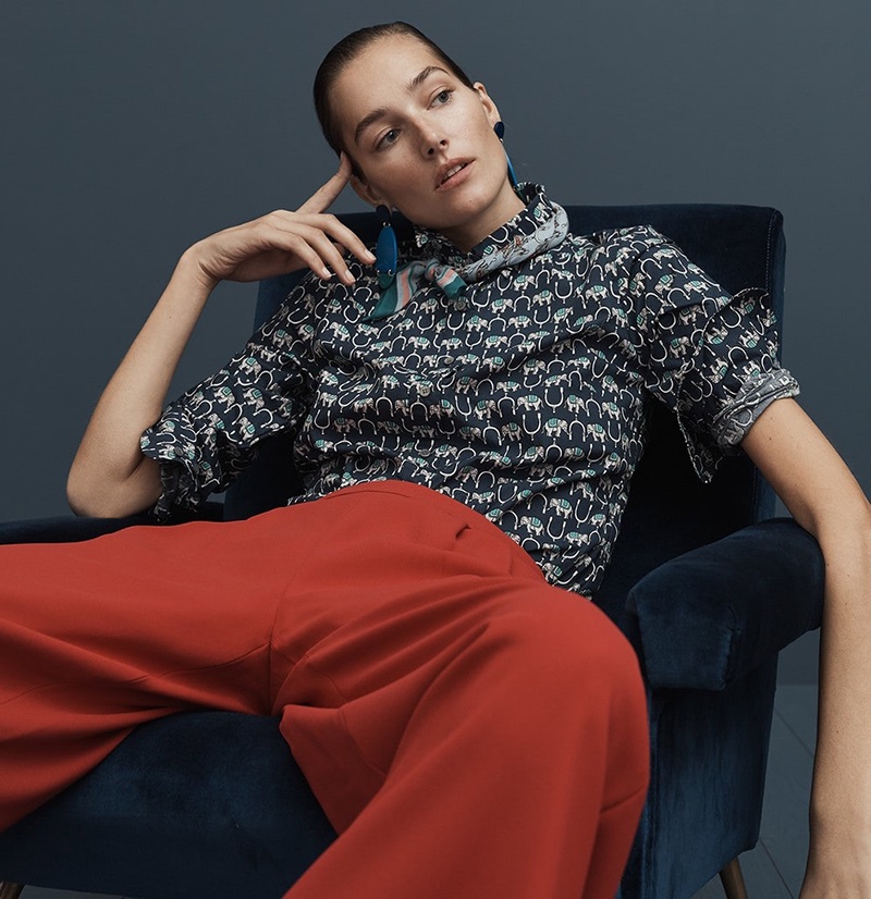 J. Crew Slim Perfect Shirt in Elephant Print, Wide-Leg Crop Pant in 365 Crepe, Bandana in Elephant Print and Lucite Statement Earrings