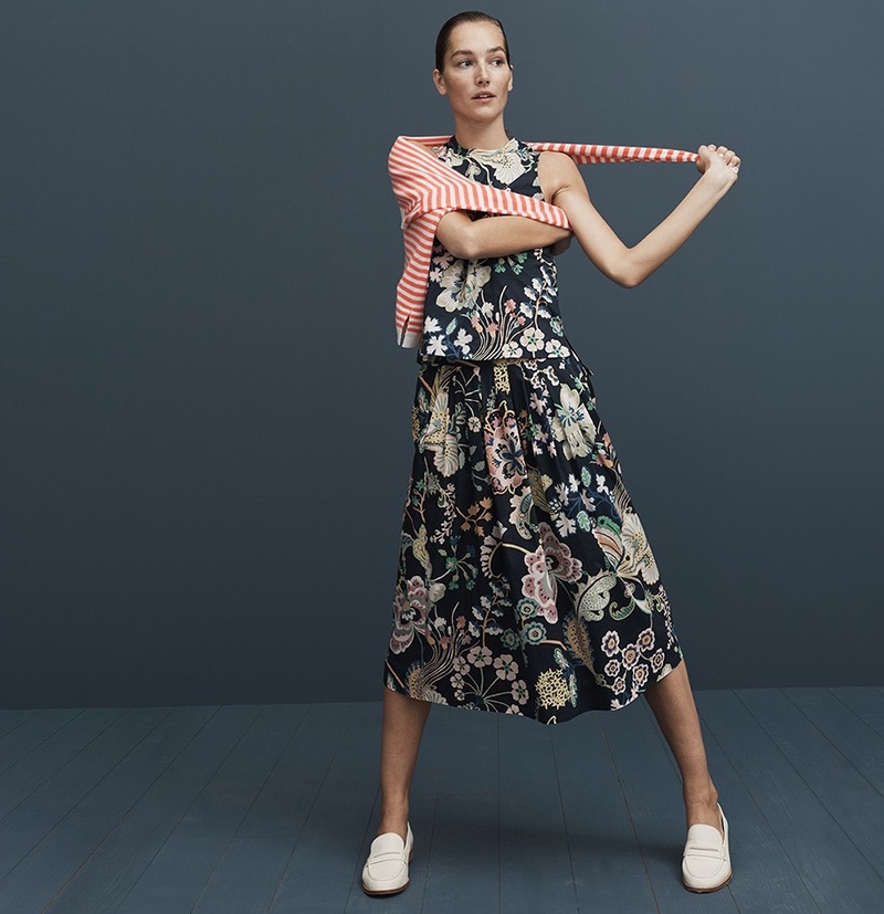 J. Crew Sleeveless Tank in Liberty Symphony Floral, Cotton Skirt in Liberty Symphony Floral, J. Crew Striped Crewneck Sweater in Everyday Cashmere and Ryan Penny Loafers in Leather