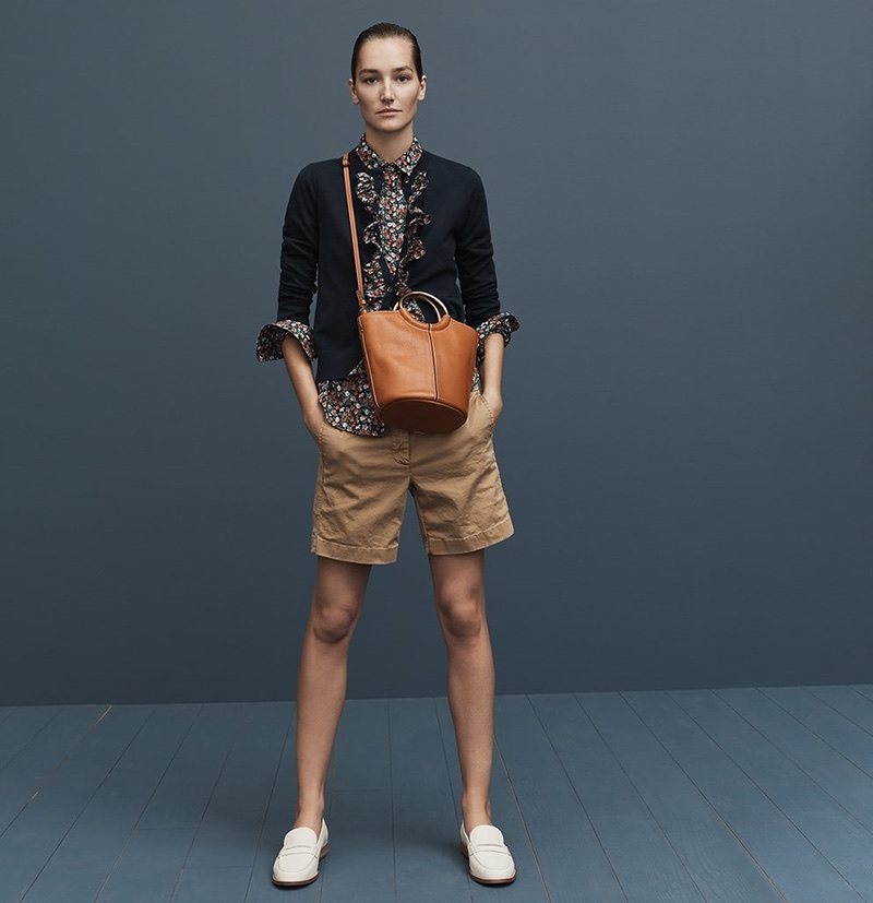 J. Crew Liberty Ruffle Jackie Cardigan, Slim Perfect Shirt in Liberty Sarah Floral, 7" Stretch Chino Short, Bracelet Bucket Bag and Ryan Penny Loafers in Leather