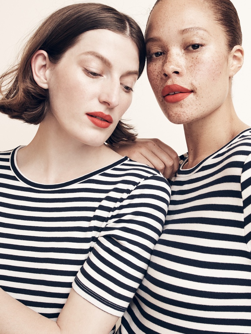 Models both wear J. Crew New Perfect-Fit T-Shirt in Stripe