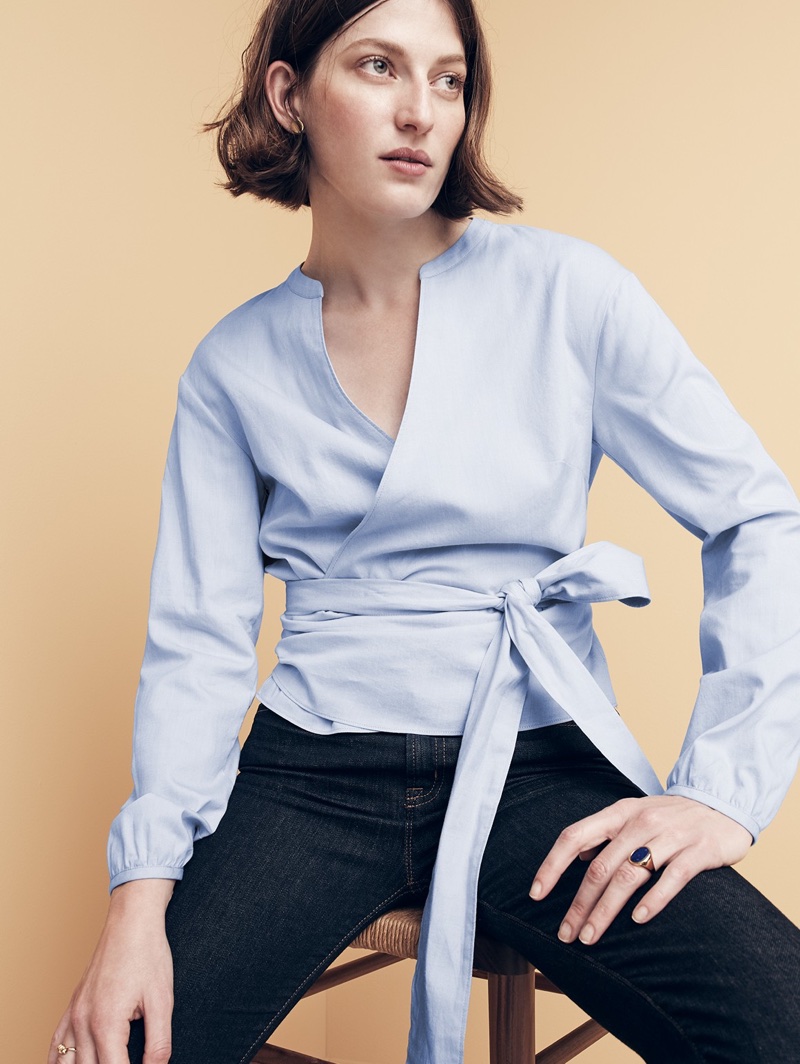 J. Crew Wrap Top in Oxford and 9" High-Rise Toothpick Jean in Resin Wash