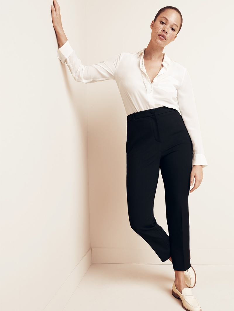 J. Crew Silk Button-Up Shirt, High-Rise Cameron Pant in Four-Season Stretch and Ryan Penny Loafers in Leather