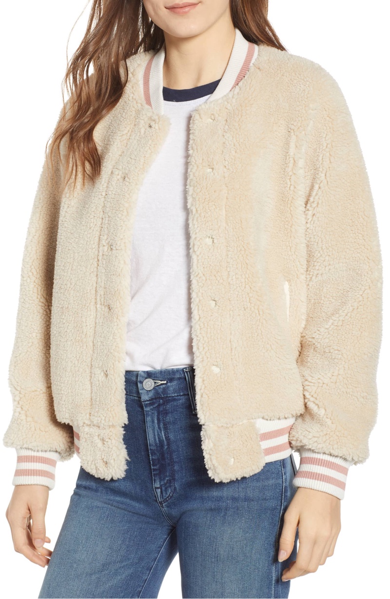 MOTHER The Snap Faux Shearling Letterman Jacket $206.98 (previously $345)