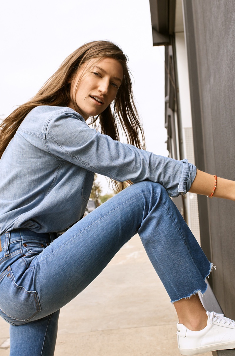 Madewell Chambray Classic Ex-Boyfriend Shirt in Mazzy Wash, Cali Demi-Boot Jeans: Destructed-Hem Edition, Beaded Chain Bracelet and Madewell x Veja Esplar Low Sneakers