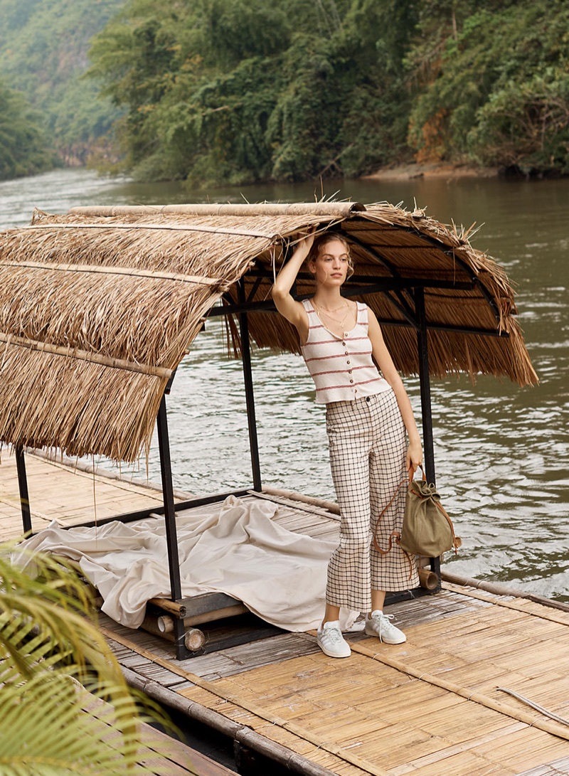 Madewell Ribbed Button-Front Tank Top in Stripe, Emmet Wide-Leg Crop Pants in Windowpane, The Canvas Somerset Backpack and adidas Campus Sneakers