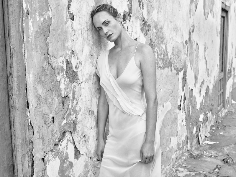 Amber Valletta wears draped dress in Mango's spring-summer 2018 campaign