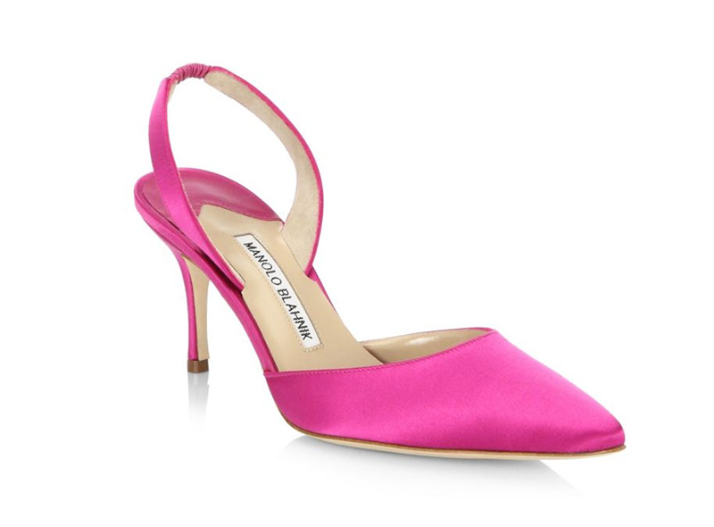 Manolo Blahnik Satin Pointed Toe Slingback Pumps in Pink $645