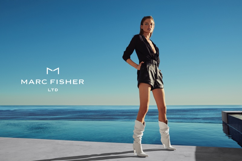 Martha Hunt models white boots in Marc Fisher’s spring-summer 2018 campaign