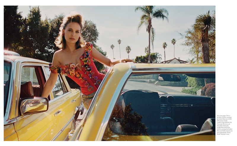 Posing in a vintage car, Natalie Portman wears Andreas Kronthaler for Vivienne Westwood top and Isabel Marant Etoile shorts