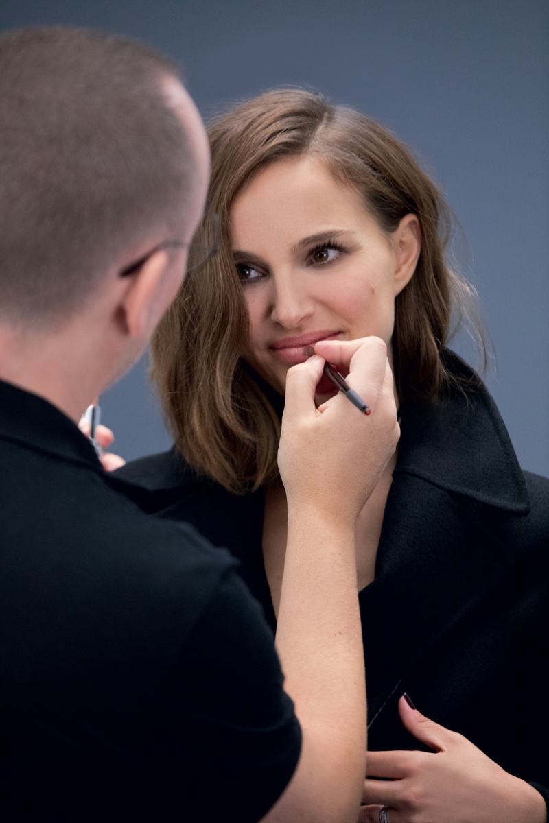 Actress Natalie Portman readies for a touch up on set of Dior beauty shoot