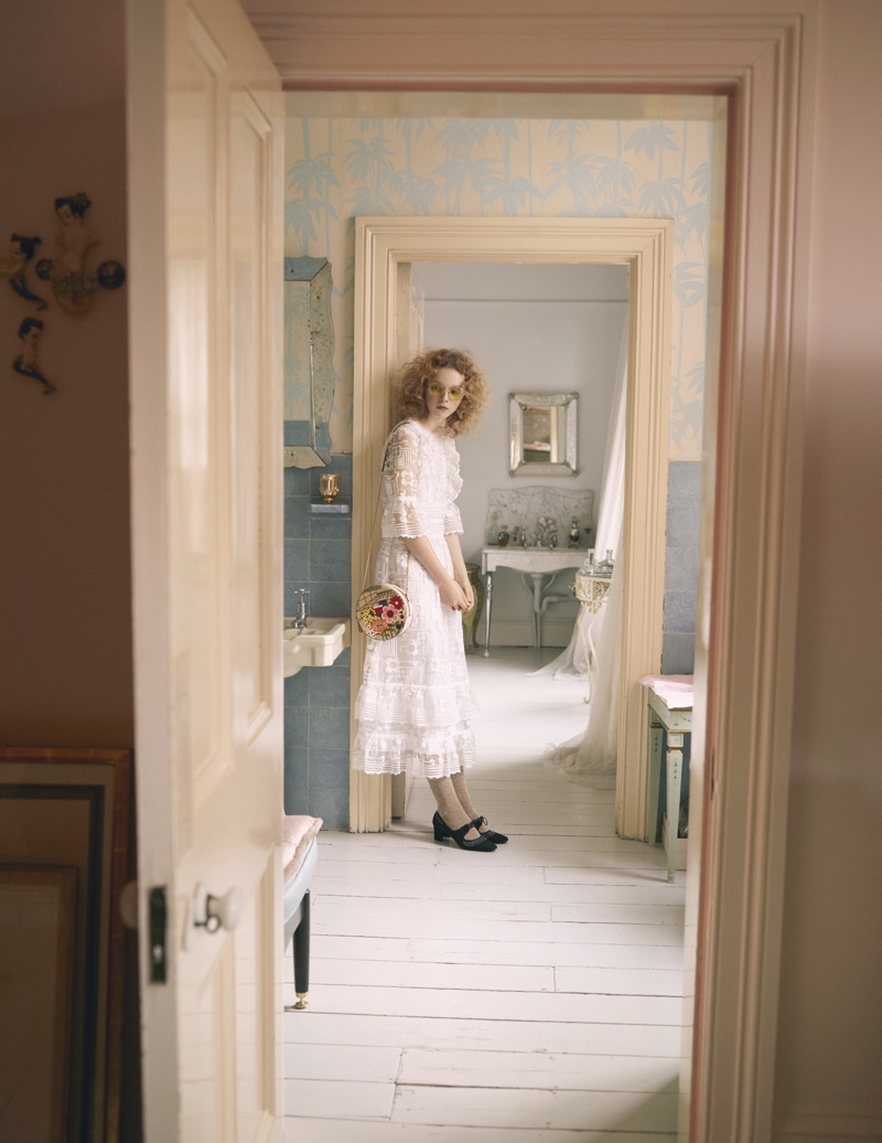 Lily Nova models white dress in Orla Kiely’s spring-summer 2018 campaign