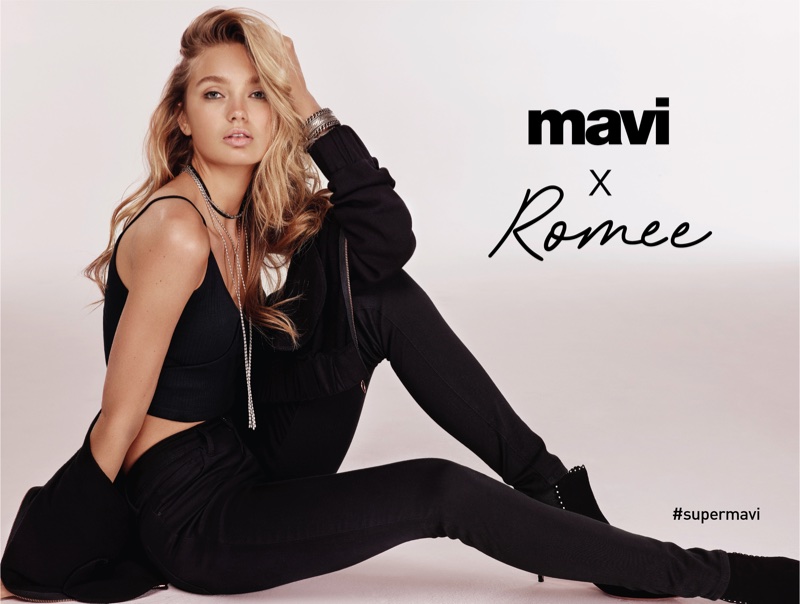 Dressed in black, Romee Strijd appears in Mavi's spring-summer 2018 campaign