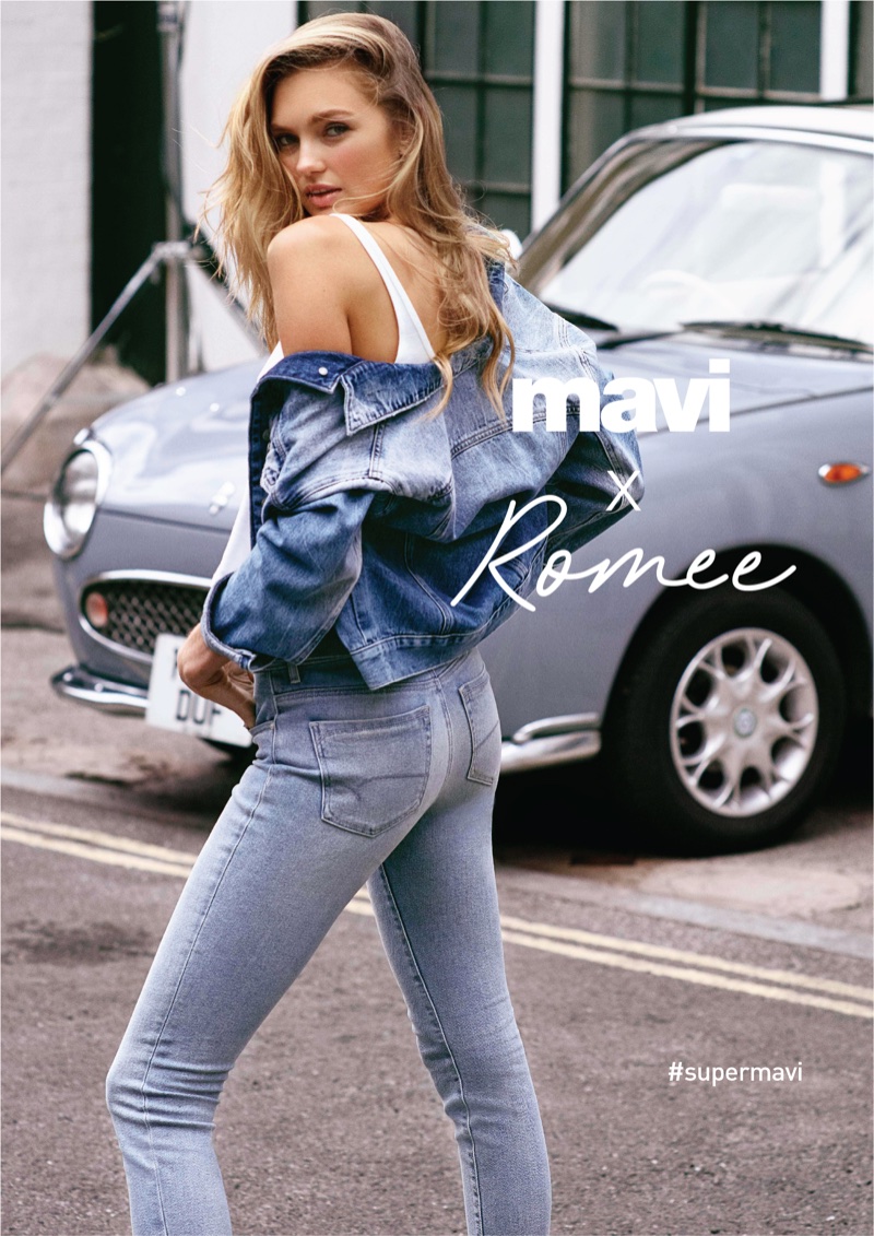 Wearing denim on denim, Romee Strijd stars in Mavi's spring-summer 2018 campaign