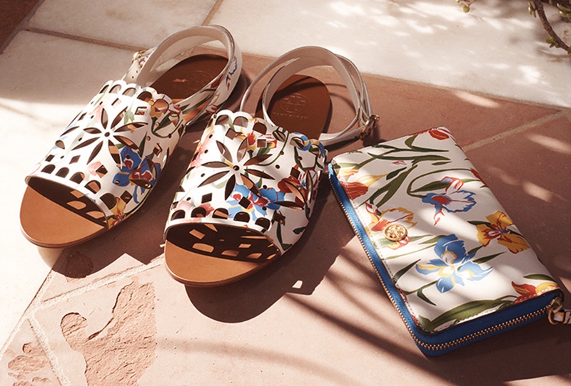 (Left) Tory Burch May Flat Sandals in Painted Iris (Right) Tory Burch Robinson Floral Zip Continental Wallet