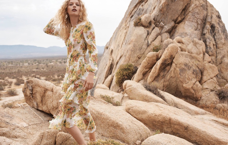 Model Frederikke Sofie wears Golden Tiered dress for Zimmermann’s spring 2018 campaign 