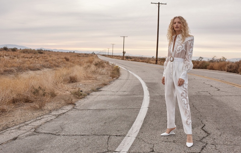 Frederikke Sofie wears Radiate jumpsuit and Goldentime wedge heel in Zimmermann’s spring 2018 campaign