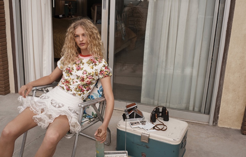 Frederikke Sofie poses in Radiate tee and Whitewave Dolly miniskirt for Zimmermann’s spring 2018 campaign
