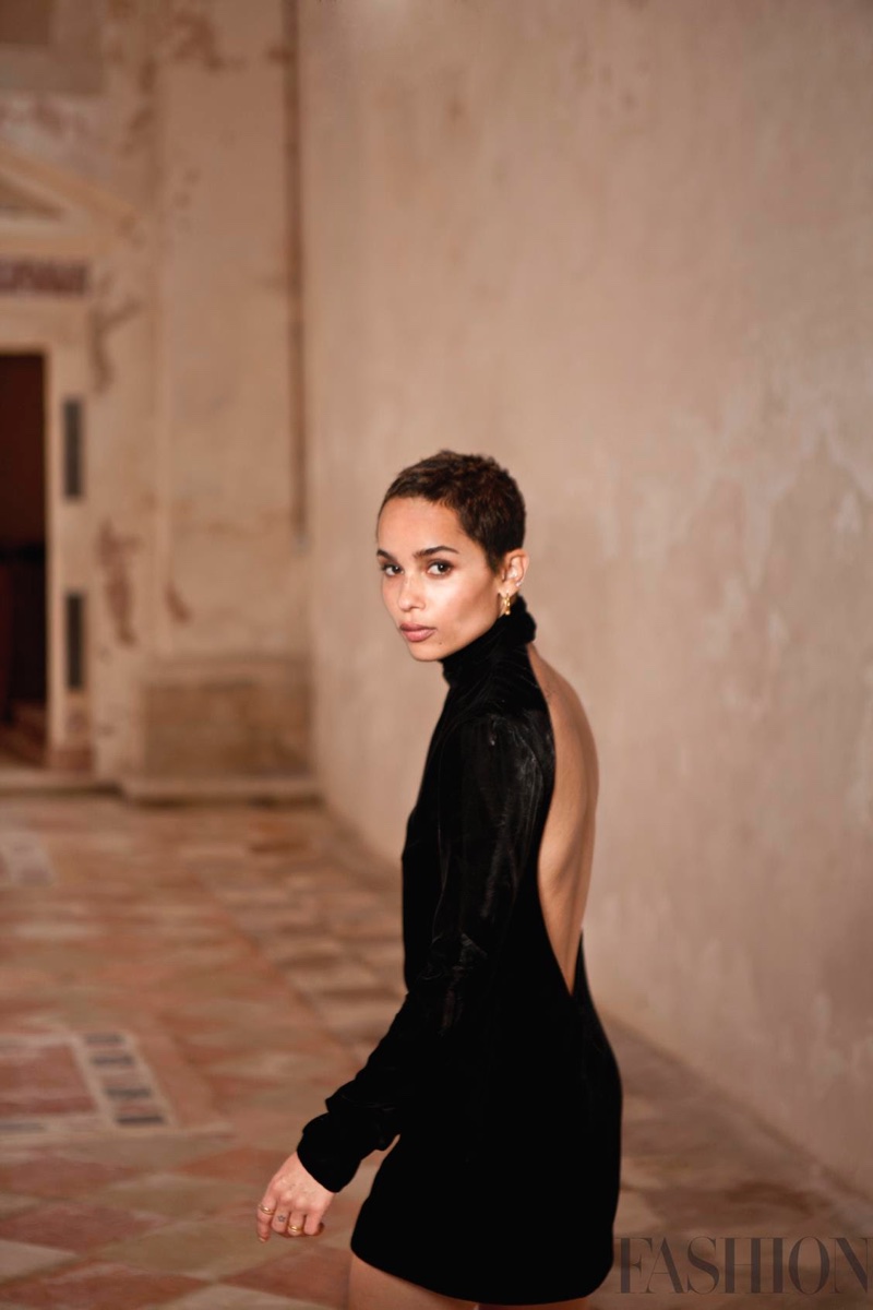 Actress Zoe Kravitz poses in black Saint Laurent dress