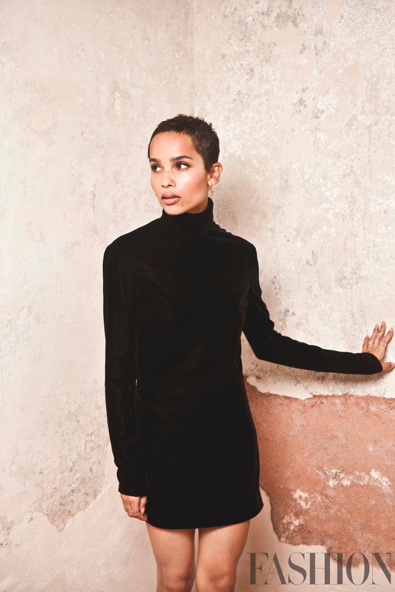 Zoe Kravitz wears black turtleneck dress from Saint Laurent