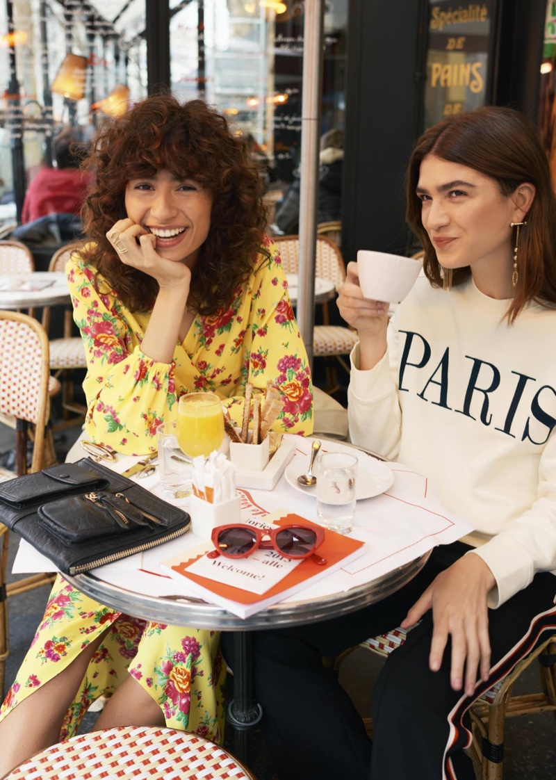 (Left) & Other Stories Ruffled Wrap Dress and Quad Pocket Clutch (Right) & Other Stories Embroidered Paris Pullover and Cat-Eye Sunglasses