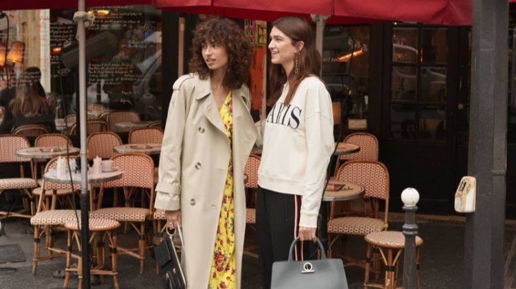 (Left) & Other Stories Oversized Trench Coat, Ruffle Wrap Dress and Cross Tie Metallic Heels (Right) & Other Stories Embroidered Paris Pullover and Large Leather Chain Bag
