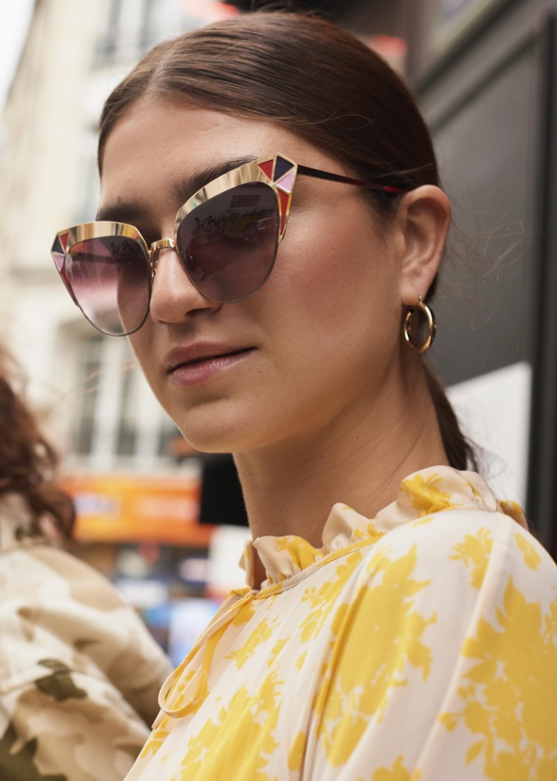 & Other Stories Geometric Cat Eye Sunglasses and Floral Pleated Midi Dress