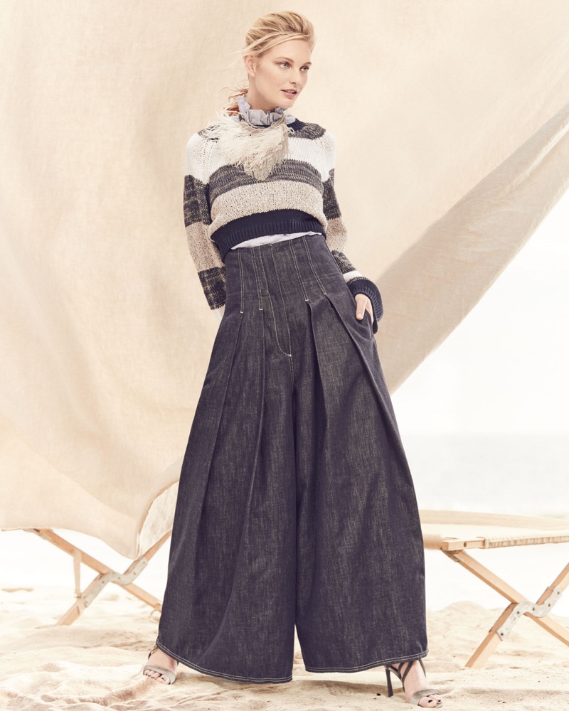 Brunello Cucinelli Coated Rugby-Stripe Long-Sleeve Cropped Pullover Sweater, Sleeveless Ruffle-Collar Micro-Striped Cotton Voile Top, Wide-Leg Denim Skirt-Pants and Monili-Strap Velvet Sandal