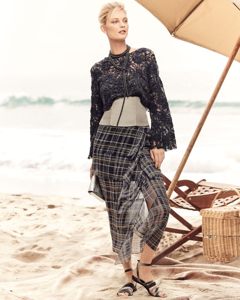 Brunello Cucinelli Artisan Round-Neck Bell-Sleeve Blouse with Tube Top, Silk Plaid Ruffle Skirt, Satin Corset and Monili Thick Rope Lariat Necklace