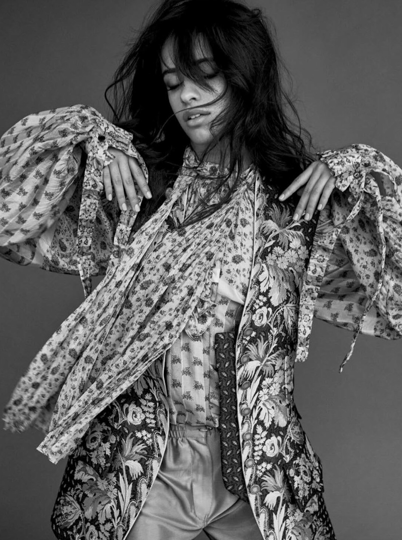 Photographed in black and white, Camila Cabello wears complete look from Louis Vuitton
