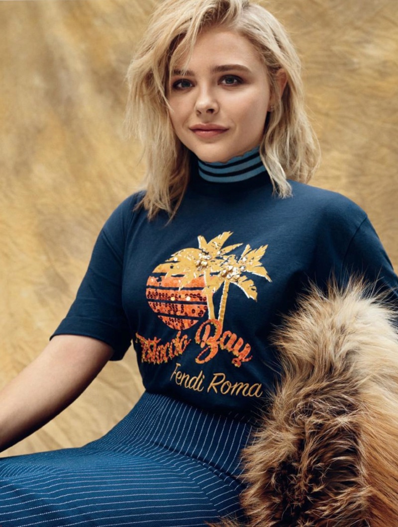 Chloe Grace Moretz wears Fendi sequin t-shirt, cotton skirt and fur stole