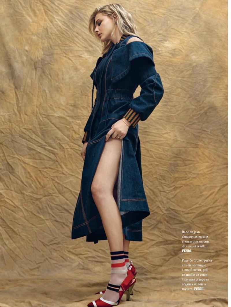 Actress Chloe Grace Moretz poses in Fendi denim dress and sandals