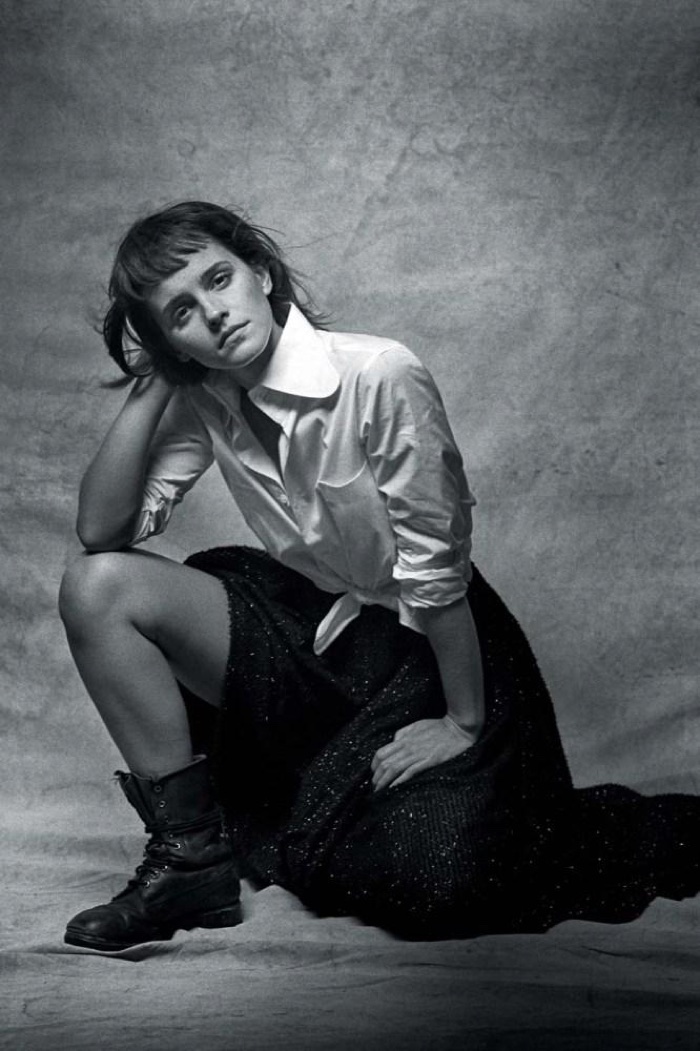 Emma Watson wears vintage Comme des Garcons shirt and Emilia Wickstead skirt