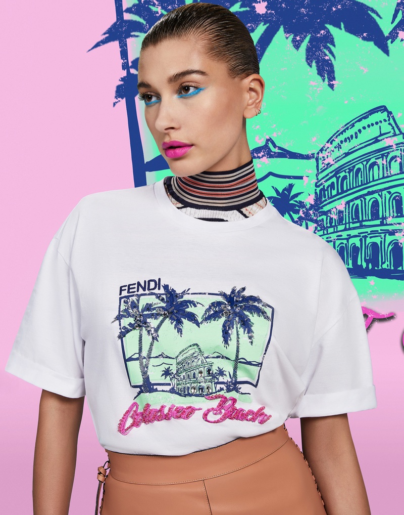 Hailey Baldwin wears Fendi Colosseo Beach shirt from Pop Tour collection