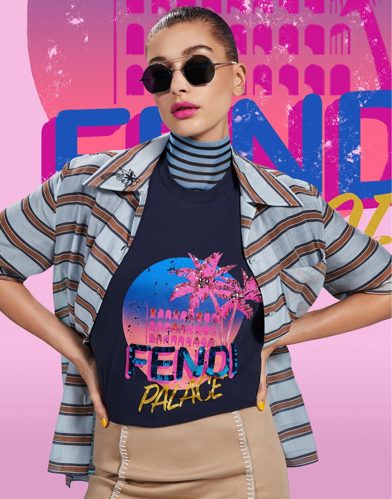 Hailey Baldwin embraces stripes for Fendi Pop Tour campaign